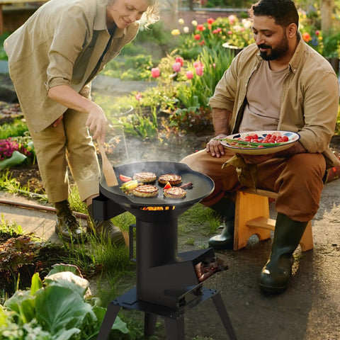 Outdoor scene with people using Three In One Camp Rocket Stove Kit With Griddle Grill And Pot Rack Portable Wood Burning Stove