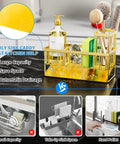 Gold Stainless Steel Kitchen Sink Caddy Organizer With Auto Drain Sponge Holder And Brush Stand Rustproof Countertop Soap Dispenser Rack, 9.25x3.97x6.37 inches.