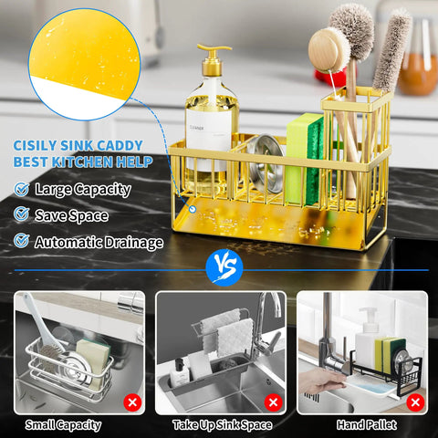 Gold Stainless Steel Kitchen Sink Caddy Organizer With Auto Drain Sponge Holder And Brush Stand Rustproof Countertop Soap Dispenser Rack, 9.25x3.97x6.37 inches.
