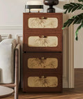 Wooden cabinet with bamboo pattern doors in living room corner