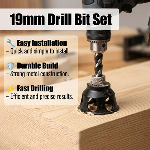 No-Nonsense 19mm Dog Hole Chamfer Reamer Bit For Three-Quarters Inch Holes in use with electric drill, cutting wood