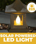 Solar Powered Pagoda Garden Statue With Flickering LED Lantern showcasing glowing light for outdoor decor.