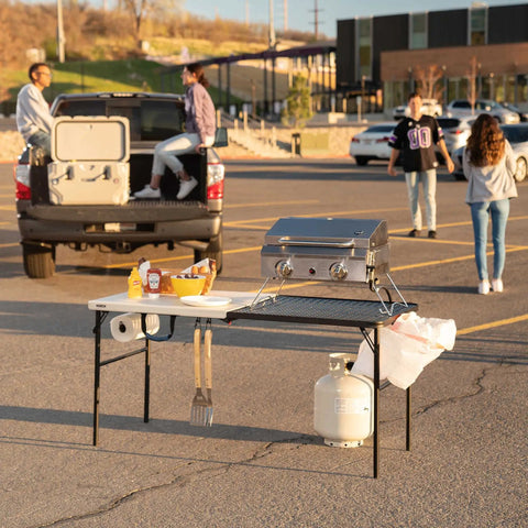 Folding Tailgate Table With Grill Rack For Outdoor Camping And Grilling, 5 Foot Portable Prep Station with grill and utensils