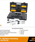 77 Piece SAE And Metric Ratcheting Tap And Die Set With Twist Lock Guide System And 5 Degree Swing Arc Reversing Lever T Handles For Precise Thread Cutting GearWrench Model 3887 in open case showing contents including taps, dies, and handles.