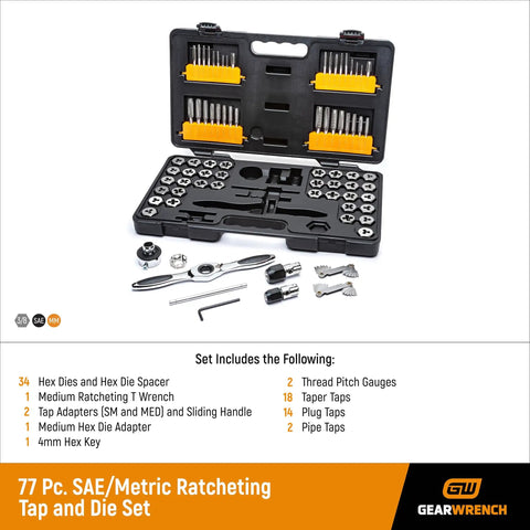 77 Piece SAE And Metric Ratcheting Tap And Die Set With Twist Lock Guide System And 5 Degree Swing Arc Reversing Lever T Handles For Precise Thread Cutting GearWrench Model 3887 in open case showing contents including taps, dies, and handles.