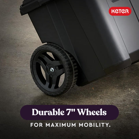Close-up of durable 7-inch wheels on large rolling toolbox, part of Four Piece Rolling Tool Storage System With Large Rolling Toolbox And Two Drawer Toolbox And Two Tray Organizers Interlocking Modular Stackable Tool Storage On Wheels For Garage And Shop.