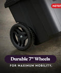 Close-up of durable 7-inch wheel on Stack N Roll Modular Tools Organizer System For Garage Storage And DIY, Three Piece Resin Rolling Toolbox Set With Cart Box And Organizer For Small Parts, Durable Lightweight Black.