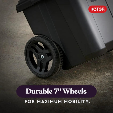 Close-up of durable 7-inch wheel on Stack N Roll Modular Tools Organizer System For Garage Storage And DIY, Three Piece Resin Rolling Toolbox Set With Cart Box And Organizer For Small Parts, Durable Lightweight Black.