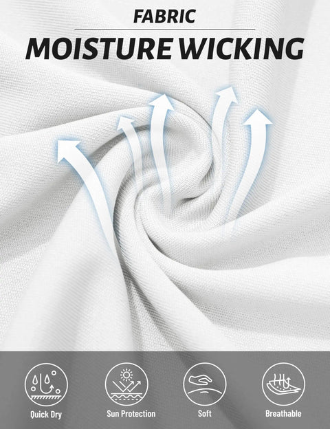 Close-up of moisture-wicking fabric for Women's Short Sleeve Athletic Tee With UPF 50+ Sun Protection, Quick Dry feature highlighted.