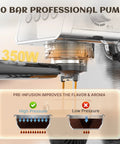 Close-up of Semi Automatic Espresso Machine With 20 Bar Italian Pump shooting espresso, showcasing 1350W power and pre-infusion features.