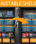 Tall And Wide Metal Storage Cabinet With Doors And Four Adjustable Shelves Beefy Heavy Duty Lockable Garage Cabinet On Wheels With Pegboard System For Office Gym Basement And Warehouse Black, open with tools and bins