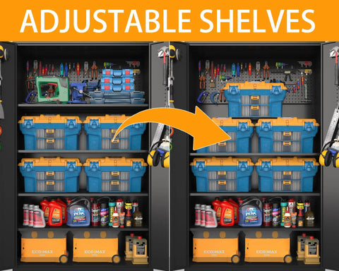 Tall And Wide Metal Storage Cabinet With Doors And Four Adjustable Shelves Beefy Heavy Duty Lockable Garage Cabinet On Wheels With Pegboard System For Office Gym Basement And Warehouse Black, open with tools and bins