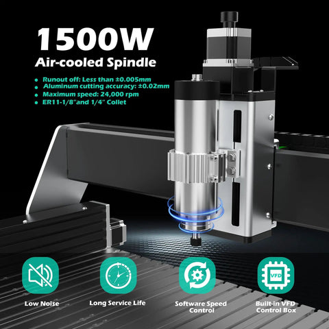 CNC Router RX6040 Beefy Pro Grade with 1.5KW air cooled spindle on metal XYZ axis, dual steel linear guides, ball screws.
