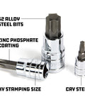 Close-up of 64 Piece Bit Socket Set With Long Reach And Up To 4 Inch Bits Hex And Torx Plus Specialty Bits, chrome vanadium steel