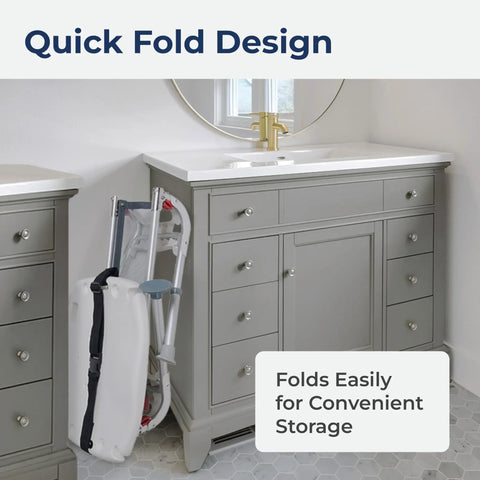Adjustable Height Sliding Bathtub Transfer Bench With Armrests And Seat Belt For Easy In And Out, folded for storage