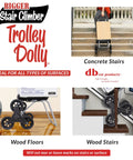 Three images showing Stair Climber Trolley Dolly with 6 Wheel Glide on concrete stairs, wood floors, and wood stairs. Product type visible.
