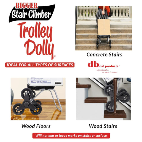 Three images showing Stair Climber Trolley Dolly with 6 Wheel Glide on concrete stairs, wood floors, and wood stairs. Product type visible.
