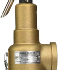 Heavy Duty Bronze Safety Relief Valve For Air And Gas Systems Featuring Viton Soft Seat Rated At Fifty Pounds Per Square Inch Preset Pressure With One Inch Male Threaded Inlet And One Quarter Inch Female Outlet Built Tough, shown from the front.