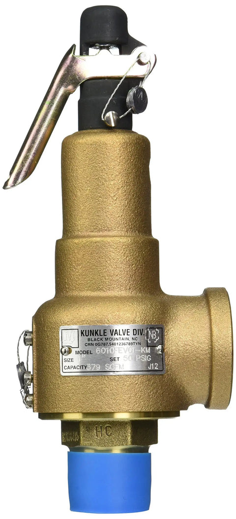 Heavy Duty Bronze Safety Relief Valve For Air And Gas Systems Featuring Viton Soft Seat Rated At Fifty Pounds Per Square Inch Preset Pressure With One Inch Male Threaded Inlet And One Quarter Inch Female Outlet Built Tough, shown from the front.