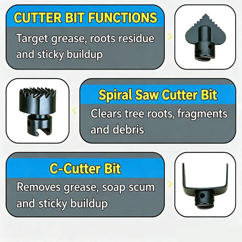 Cutter bit functions for 110V Electric Drain Auger Workhorse Sewer Clog Remover With 20 Meter 16mm Flexible Spring And 7 Piece Cutting Bit Set