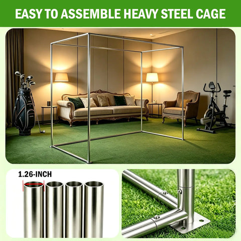 Golf Simulator Enclosure With Double-Layer Silent HD Impact Screen And Side Barriers, 10 By 8 Ft, steel frame in living room setup
