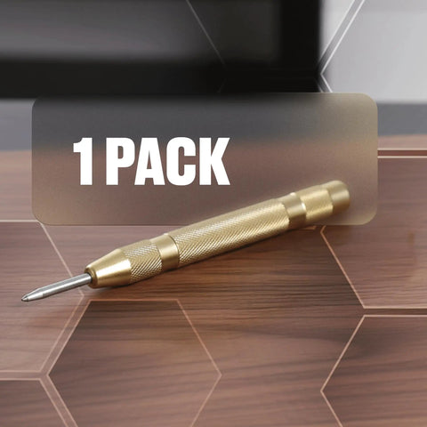 Automatic Center Punch For Metal And Wood Featuring Spring Loaded Kick And Adjustable Knob on wooden surface, one pack, detailed grip.