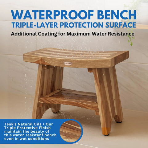 24 Inch Teak Shower Bench With Storage Shelf Waterproof Bathroom Seat For Adults And Seniors Spa Style Teak Wood Stool With Non Slip Feet Elegant Finish Supports Up To 300 Pounds.