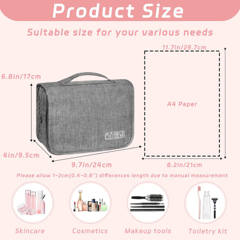 Gray compact hanging toiletry bag with hook next to A4 size comparison, illustrating dimensions for travel organizer.