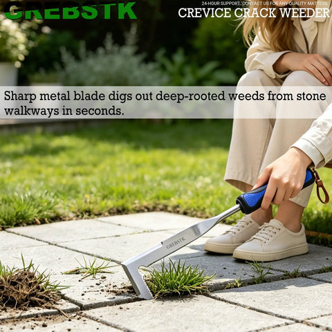 Crevice Weeder Tool With Stainless Steel Double Sided L Shaped Blade removing weeds between patio stones