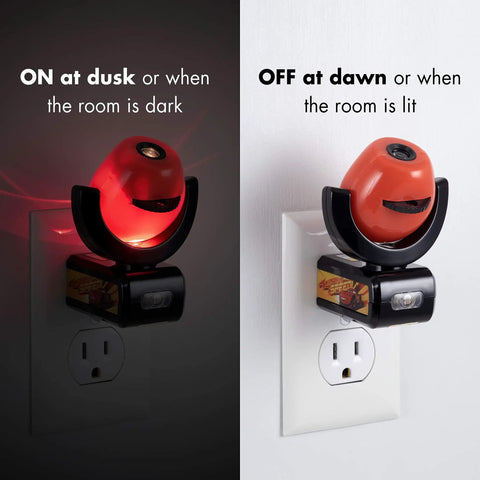 Cars Night Light Projector For Kids With Dusk To Dawn Sensor Plug In Night Light showing off and on modes in dark and lit rooms