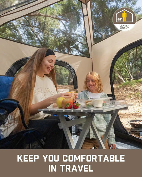 People dining inside Zeta C6 Pro Six Person Instant Cabin Tent with 60 Second Setup, Rainfly Included, Windproof Shell, Khaki