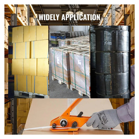 Heavy Duty Manual Strapping Machine Kit For PP Tape Packing Pliers With 100 Metal Seals in use securing boxes and pallets.