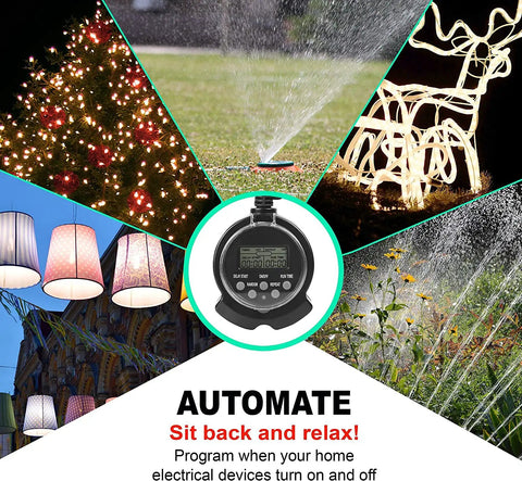 All Season Dual Grounded Outlets Outdoor Digital Timer With Six Inch Cord Plug And Play Simple Three Button Setup For Christmas Lights And Led Decor No Sweat in a collage with holiday lights, sprinklers, and decorative lamps.