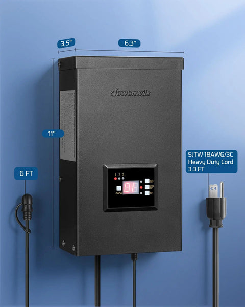3-Output 300W Low Voltage Landscape Transformer With Dusk To Dawn Photocell, 120V AC To 12V/14V, front view showing dimensions