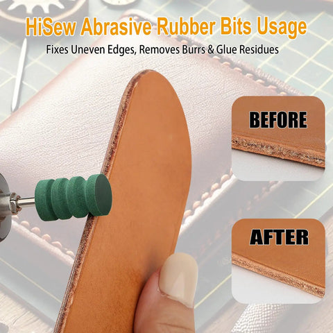 Top Shelf Leather Burnishing Bits For Rotary Tools Heavy Duty Edge Finishing Kit showing rubber bit smoothing leather edge.