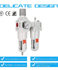One Inch NPT Compressed Air Filter Regulator Lubricator Combo With Water And Oil Trap Separator Gauge Zero To One Hundred Fifty PSI Five Micron Brass Element Poly Bowl Semi Auto Drain Metal Bracket High Flow 176 SCFM At 90 PSI