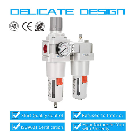 One Inch NPT Compressed Air Filter Regulator Lubricator Combo With Water And Oil Trap Separator Gauge Zero To One Hundred Fifty PSI Five Micron Brass Element Poly Bowl Semi Auto Drain Metal Bracket High Flow 176 SCFM At 90 PSI