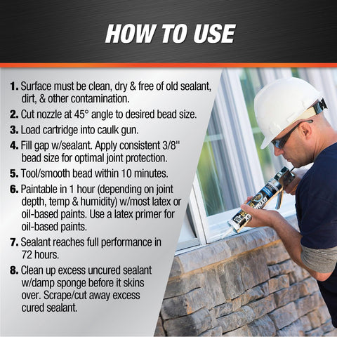 Person applying Dynaflex Ultra Advanced Exterior Sealant Light Gray 10.1 Oz All Weather Caulk on a window frame.