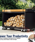 Outdoor storage cart with wood logs on reinforced steel panel, featuring 360-degree swivel wheels and top brake.