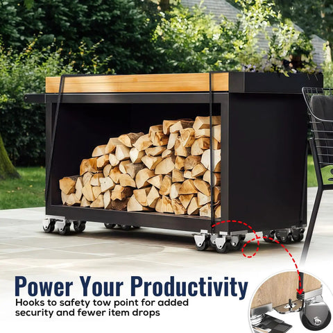 Outdoor storage cart with wood logs on reinforced steel panel, featuring 360-degree swivel wheels and top brake.