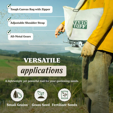 Person using Shoulder Seeder And Grass Seed Spreader With 25 Pound Capacity All Metal Gears Durable Canvas Bag Adjustable Shoulder Strap Pro Grade Lawn And Garden Tool Green And White.