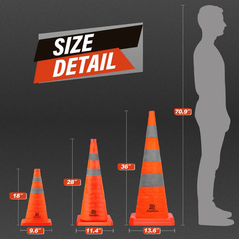 28 Inch Collapsible Traffic Safety Cones Pack Of 4 With Reflective Collar size comparison with human silhouette and measurements
