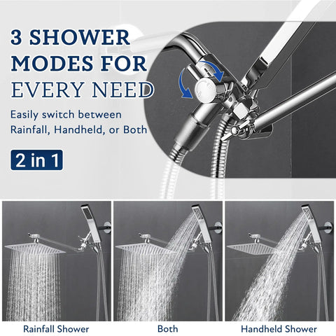 3 shower modes displaying the All Metal 8 Inch Dual Square Rain Shower Head With Handheld Spray, chrome finish diverter.