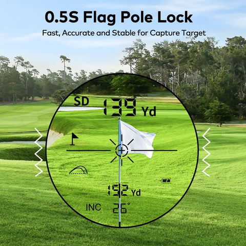 View through 1200Yards Golf Range Finder With Slope And Flag Lock Vibration 7X Magnification Lightweight Rechargeable Handheld Range Finder Fast Scan Legal Switch For Golf Dope Gadget For Competitive Games showing flag lock on golf course