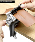 Leather Table Top Lace Cutter With 5 Replaceable Cutters cutting thin leather strips on a wooden surface