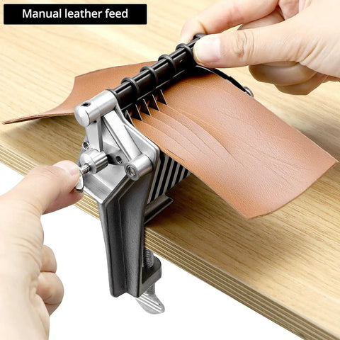 Leather Table Top Lace Cutter With 5 Replaceable Cutters cutting thin leather strips on a wooden surface