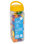 Top Shelf Transport Counters For Young Minds Dope Educational Manipulatives in a clear container with yellow lid and 72 colorful vehicle pieces.
