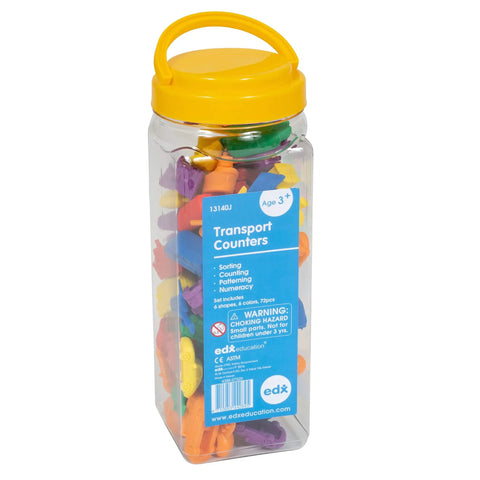 Top Shelf Transport Counters For Young Minds Dope Educational Manipulatives in a clear container with yellow lid and 72 colorful vehicle pieces.