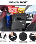 Side view of a Two Pack Backseat Car Organizer With Cup Holders, Waterproof PU Leather, holding snacks and a drink, on car seat.
