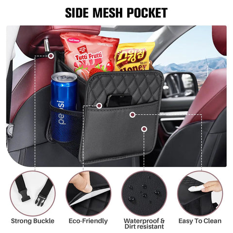 Side view of a Two Pack Backseat Car Organizer With Cup Holders, Waterproof PU Leather, holding snacks and a drink, on car seat.
